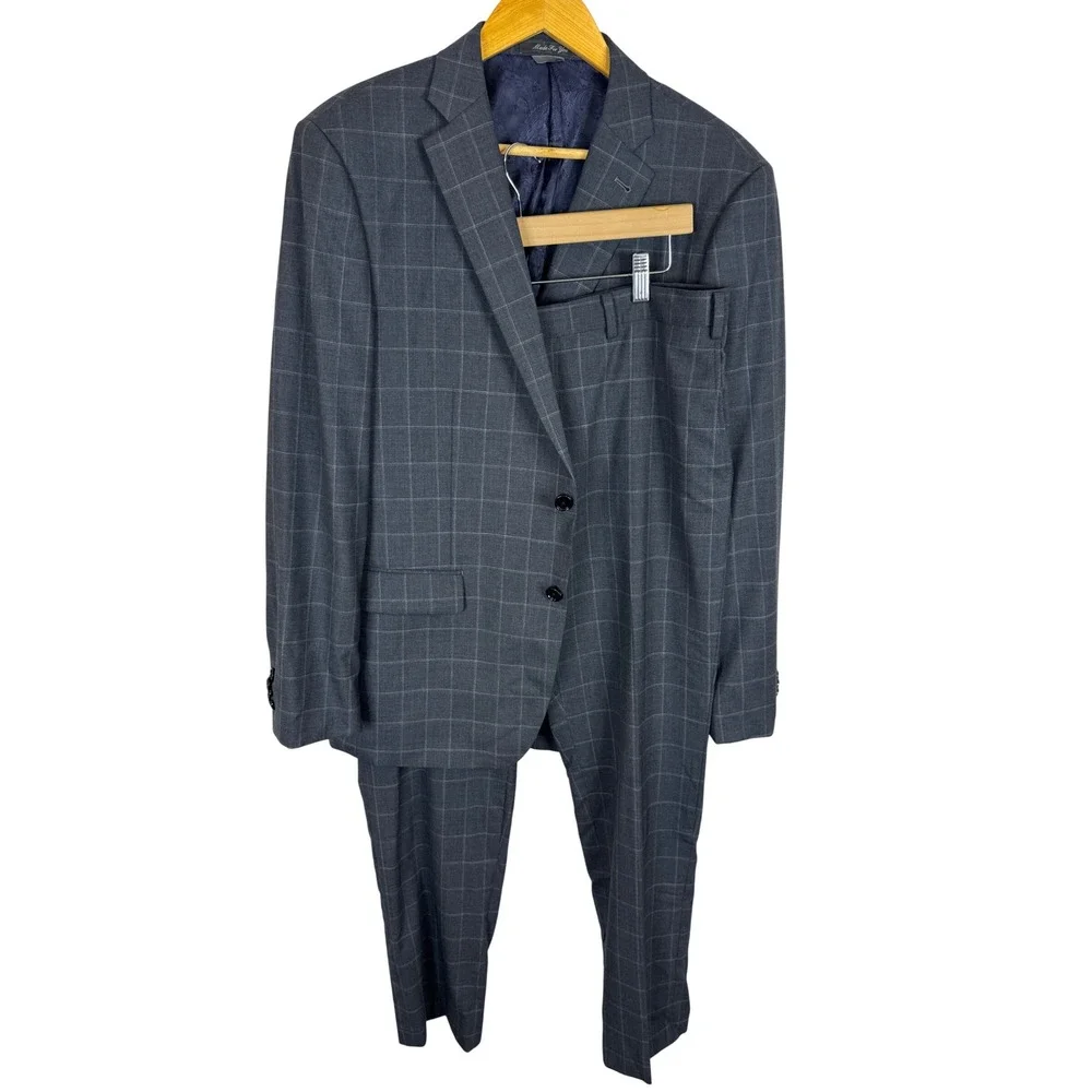 Indochino Mens 44L Tall 36X31 Gray Windowpane 100% Wool 2 Piece Suit Paisley